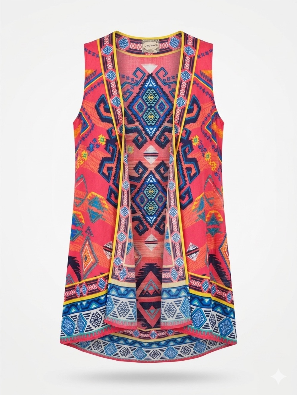 Flying Tomato Pink Multi-Color Aztec Sleeveless Kimono With Yellow Trim - Size L